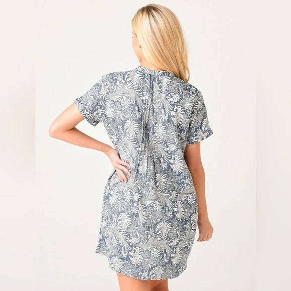 Faherty Gemina Pintuck Short Sleeve Linen Blend Shirt Dress In Blue Stripe Sz M - Picture 4 of 10